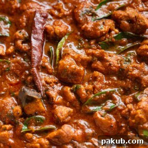 Close-up shot of Chettinad Chicken Curry to showcase its texture and color