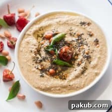 Indian Style No Coconut Peanut Chutney served in a white bowl, ready to be enjoyed.