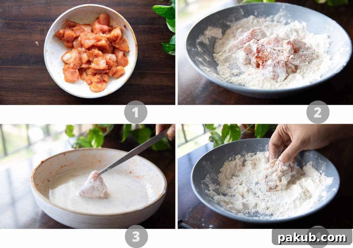 A step-by-step image collage illustrating the process of preparing KFC style popcorn chicken. The first frame shows chicken marinating. The second shows the coating assembly line. The third and fourth frames depict the dipping and dredging process for a crispy coating.