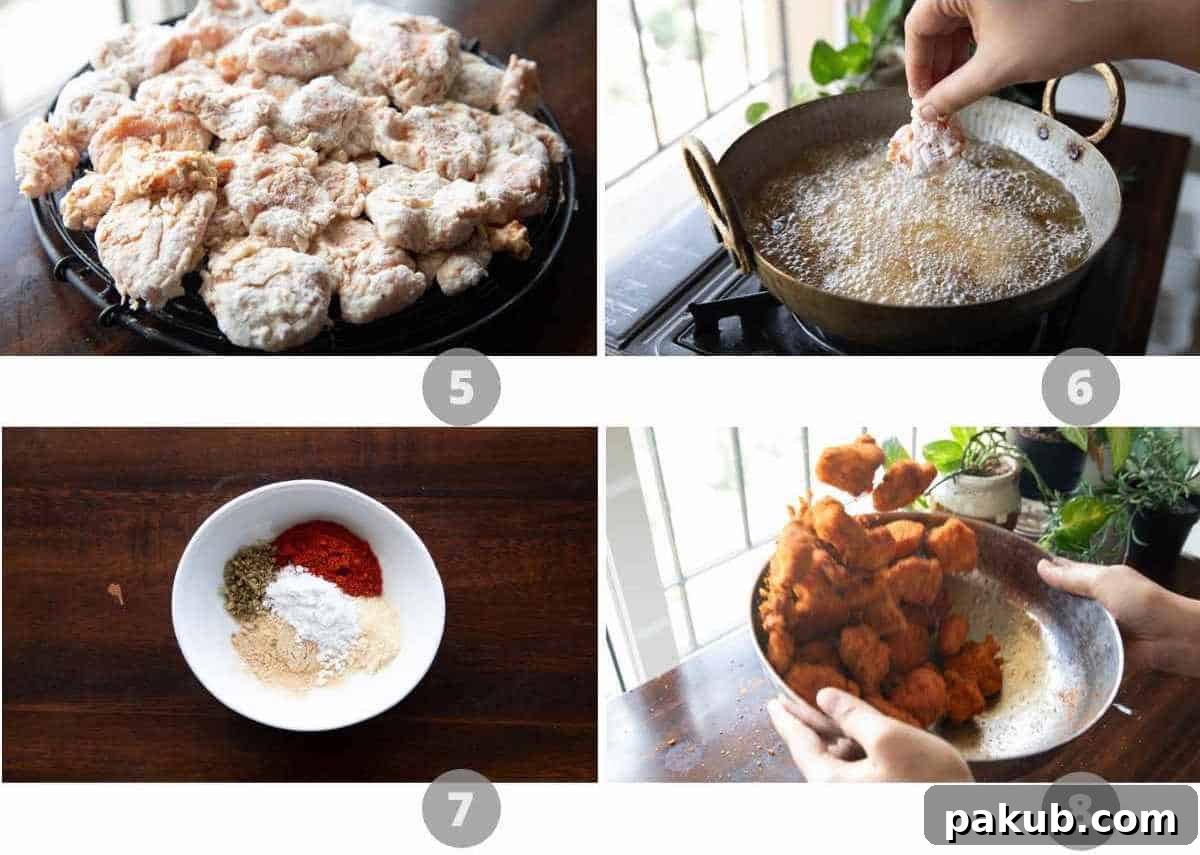 A second step-by-step image collage for KFC style popcorn chicken. The first frame shows more pieces being coated. The next frames illustrate the frying process, with golden-brown chicken sizzling in hot oil, and finally, the finished popcorn chicken dusted with spice.
