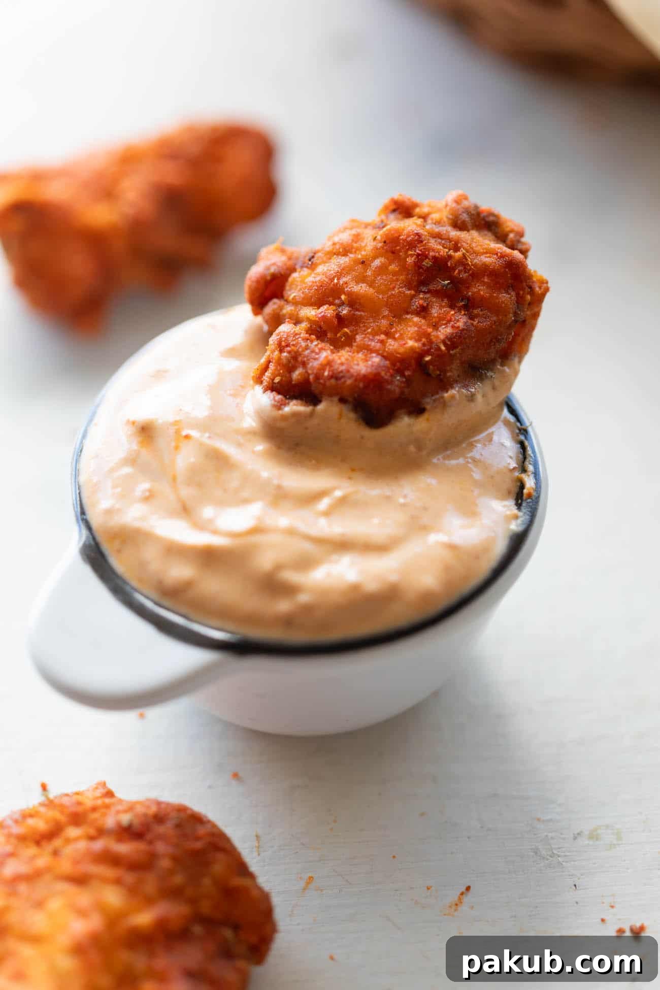 A mini bucket filled with crispy KFC style popcorn chicken, accompanied by a small ramekin of sriracha mayo for dipping, set against a warm, inviting background.