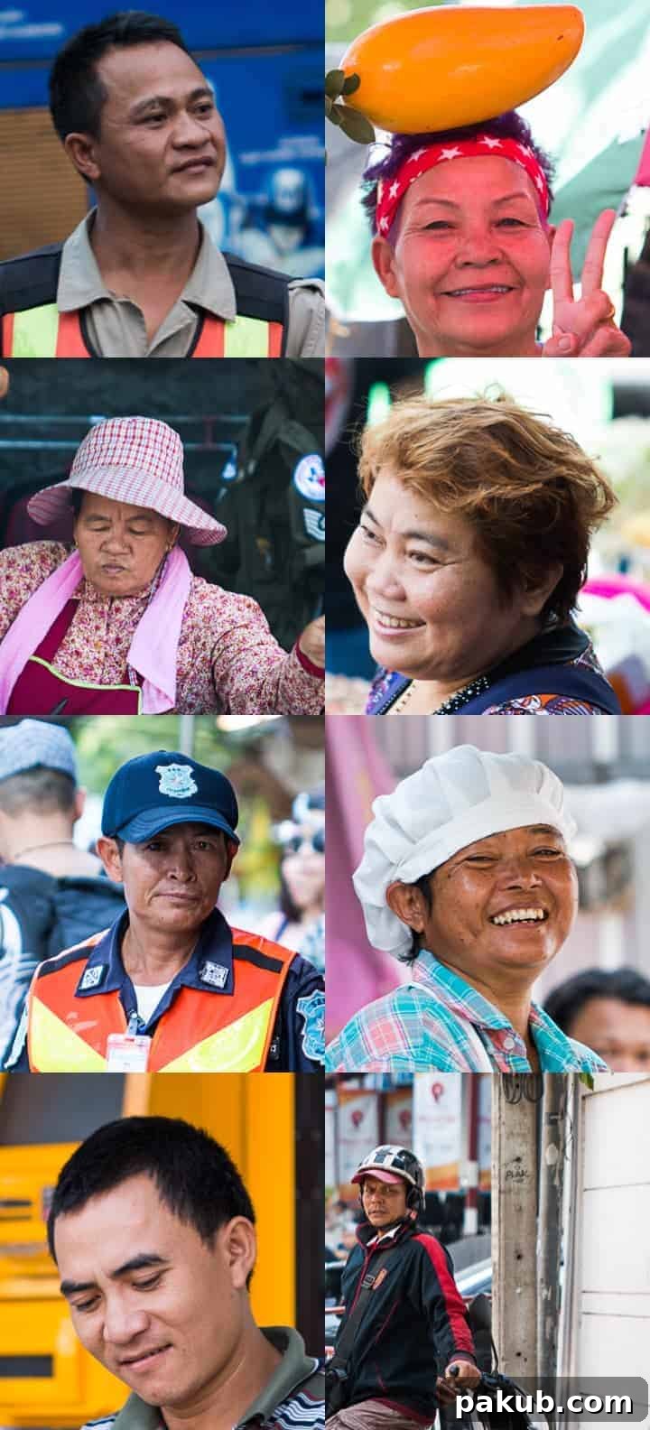 A vibrant collage showcasing eight diverse and smiling faces of local people from various walks of life in Bangkok, reflecting the city's friendly atmosphere