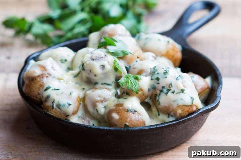 Creamy no-mayo parsley baby potatoes served in a rustic skillet, adorned with fresh green herbs and ready to be enjoyed as a festive side dish.