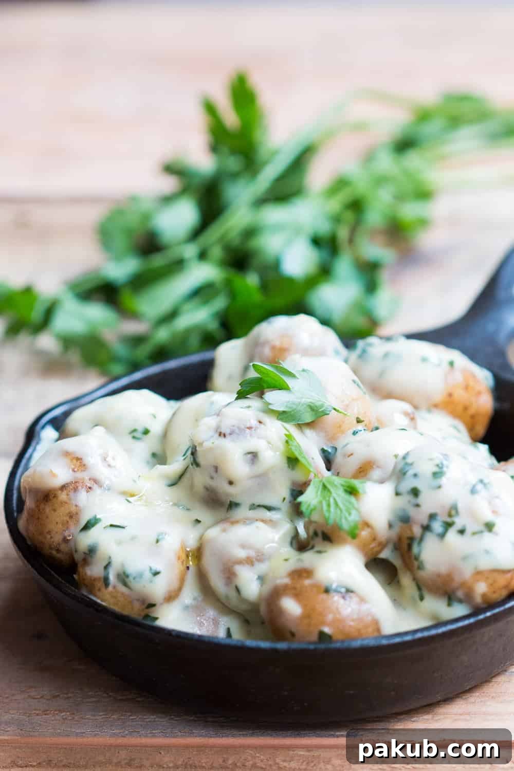 Close-up shot of perfectly cooked baby potatoes generously coated in a thick, luxurious, and herbaceous cream sauce, garnished with finely chopped fresh parsley.