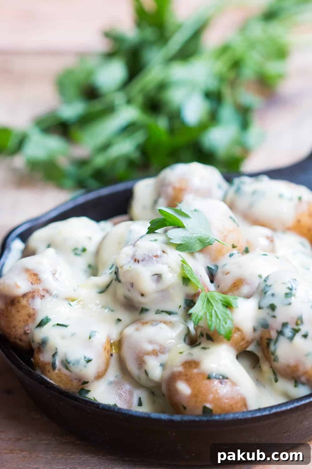 A beautifully presented serving of creamy no-mayo parsley baby potatoes in a small white bowl, highlighting their inviting texture and vibrant green garnish.