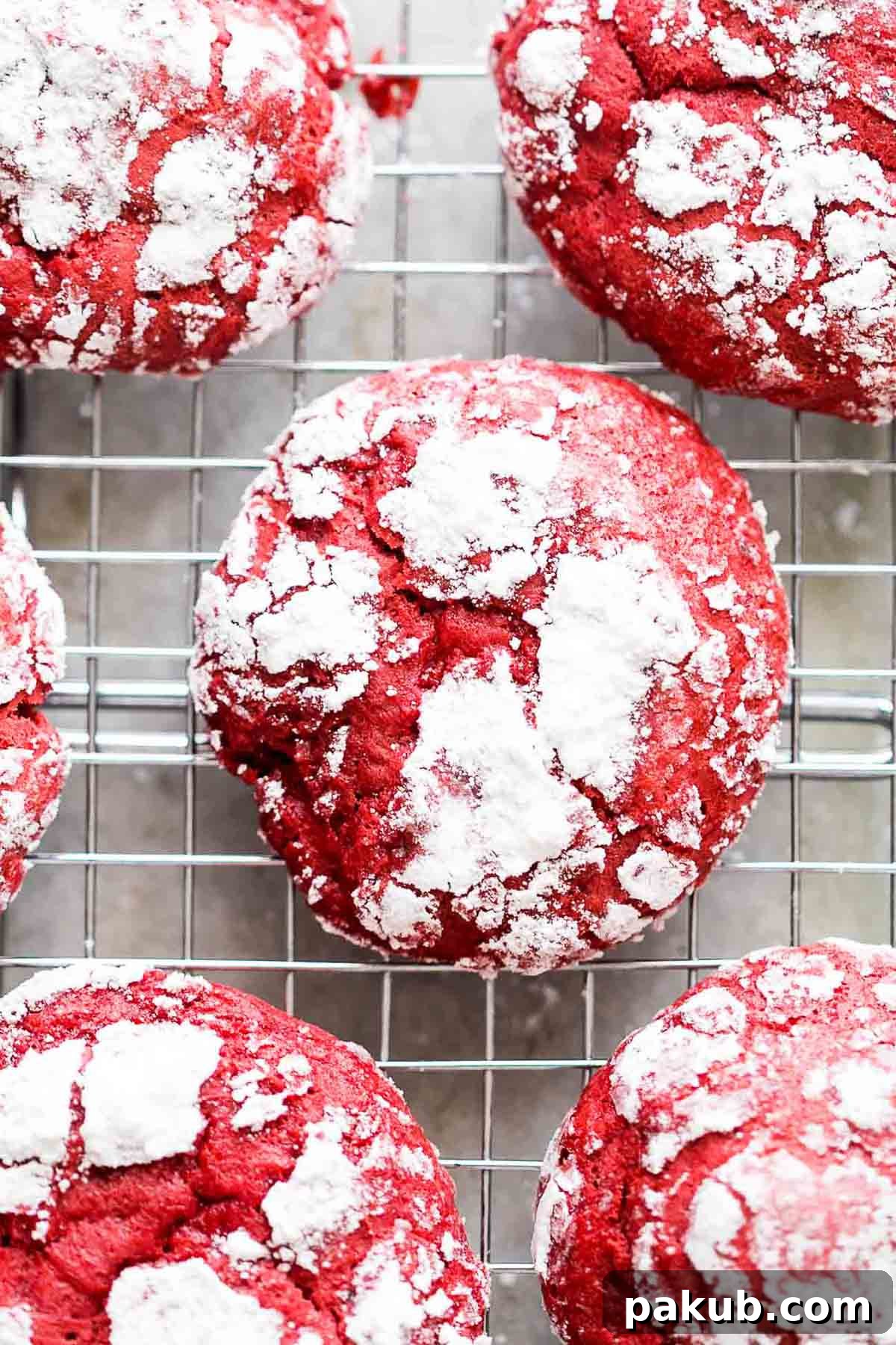 The cakey red velvet cream cheese crinkle cookies cooling on a wire rack, dusted with powdered sugar.
