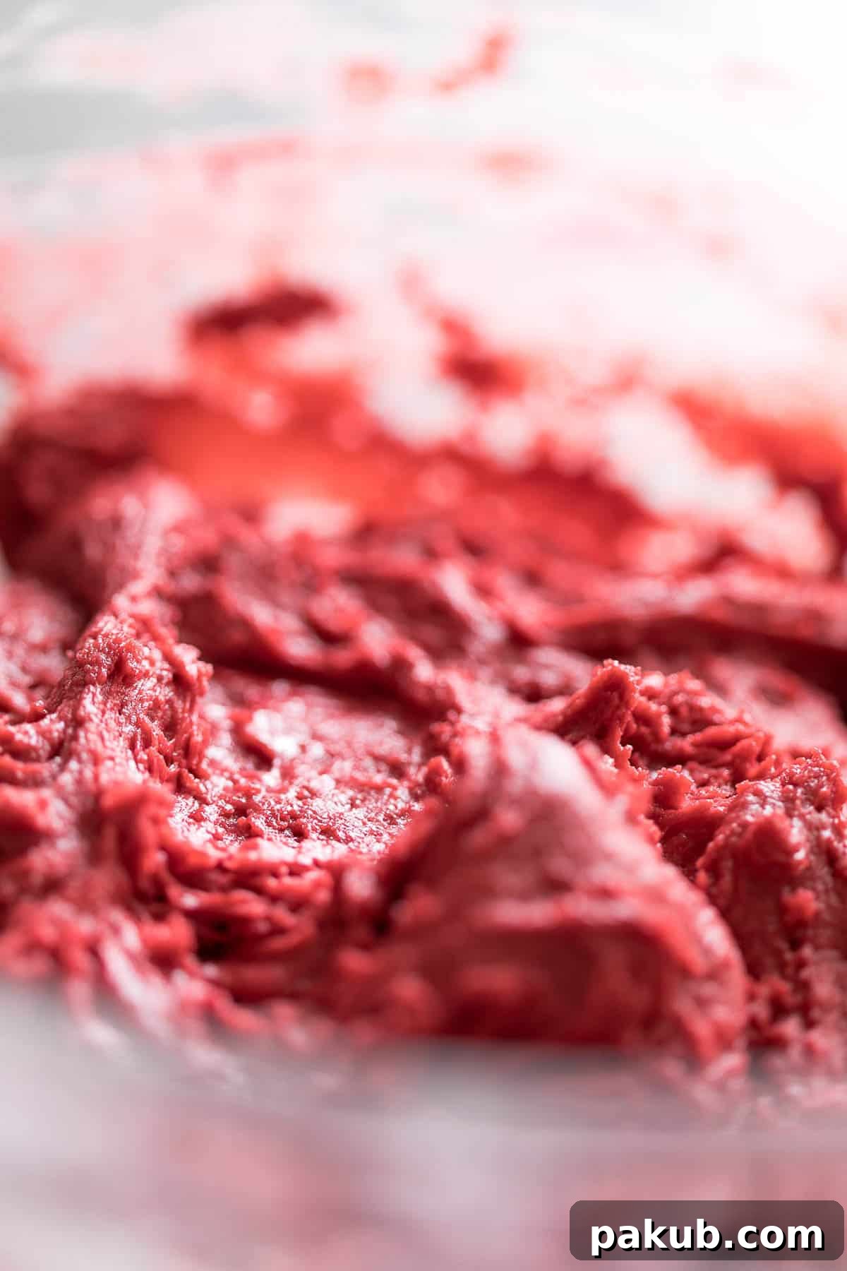 The vibrant red velvet cookie dough, ready for chilling.