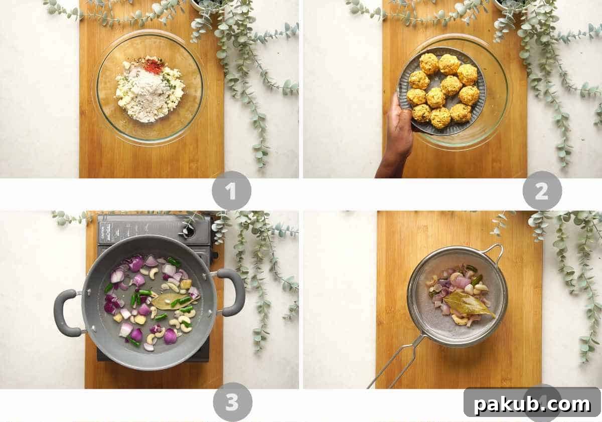 Step by step picture collage showing the initial stages of making Palak Paneer Kofta, from mixing ingredients to forming balls.