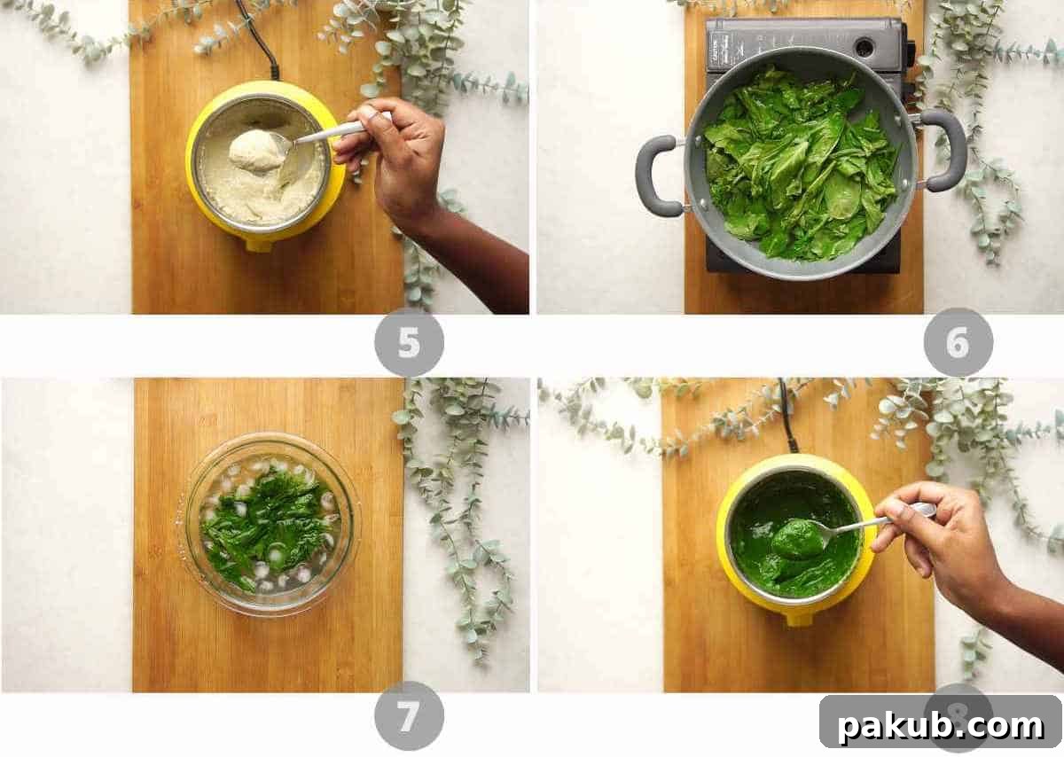 Step by step picture collage showing the blending of curry paste and blanching of spinach for Palak Paneer Kofta Curry.