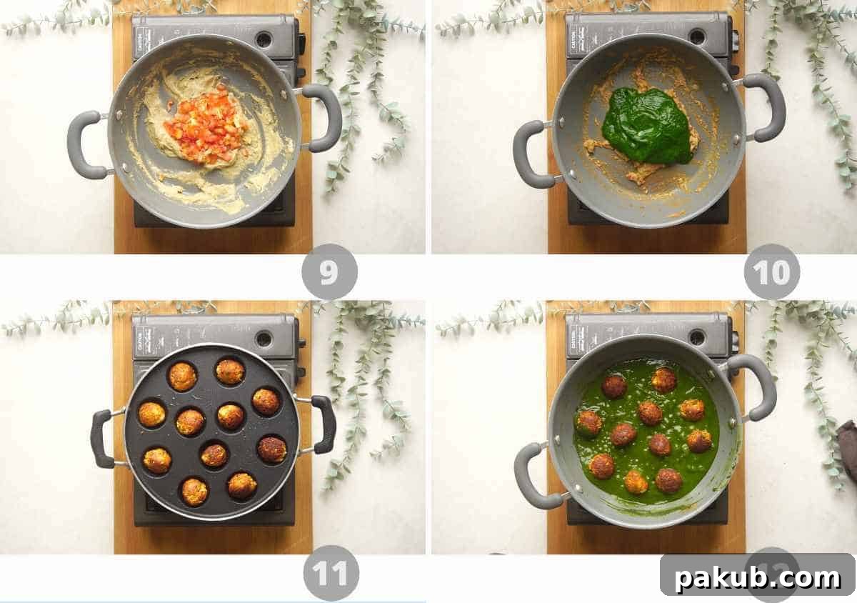 Step by step picture collage showing the final cooking stages of Palak Paneer Kofta Curry, including cooking the curry, pan-frying koftas, and tempering.
