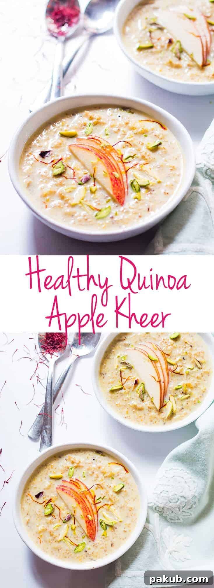 Wholesome Apple Quinoa Pudding 2 A vibrant collage featuring the Healthy Quinoa Apple Kheer, showcasing its fresh ingredients and inviting texture, with text overlay highlighting its healthy benefits.