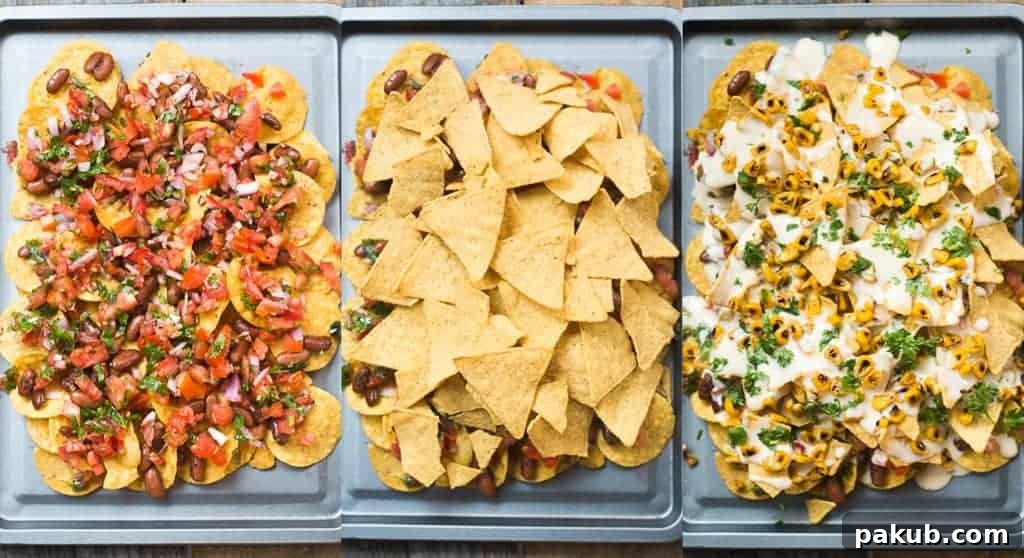 Cheesy Loaded Nachos A close-up shot of a richly loaded nachos platter, showcasing the melted cheese, beans, corn, and fresh salsa, ready for enjoyment.
