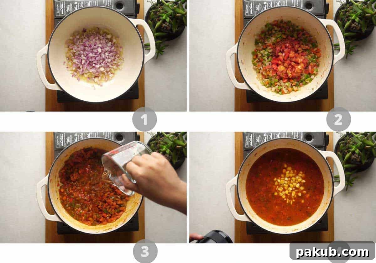 Mexican Plant-Based Bean Fiesta Soup 4 A step-by-step picture collage demonstrating the process of making vegetarian Mexican soup, from sautéing vegetables to simmering the broth, providing clear visual guidance.