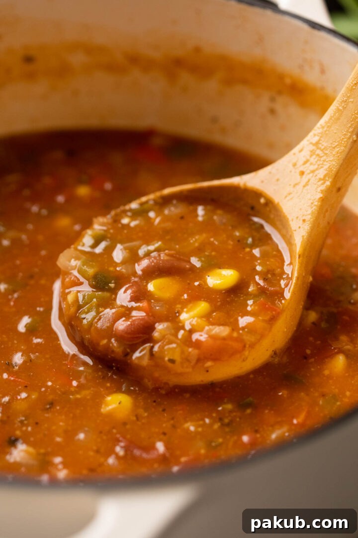 Mexican Plant-Based Bean Fiesta Soup 5 A picture of a ladle gently scooping a portion of rich, chunky vegetarian Mexican soup from a large pot, highlighting its hearty texture and vibrant ingredients.