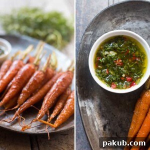 A collage of the Honey Ginger Roasted Carrots with Carrot Greens Chimichurri, showcasing the vibrant dish.