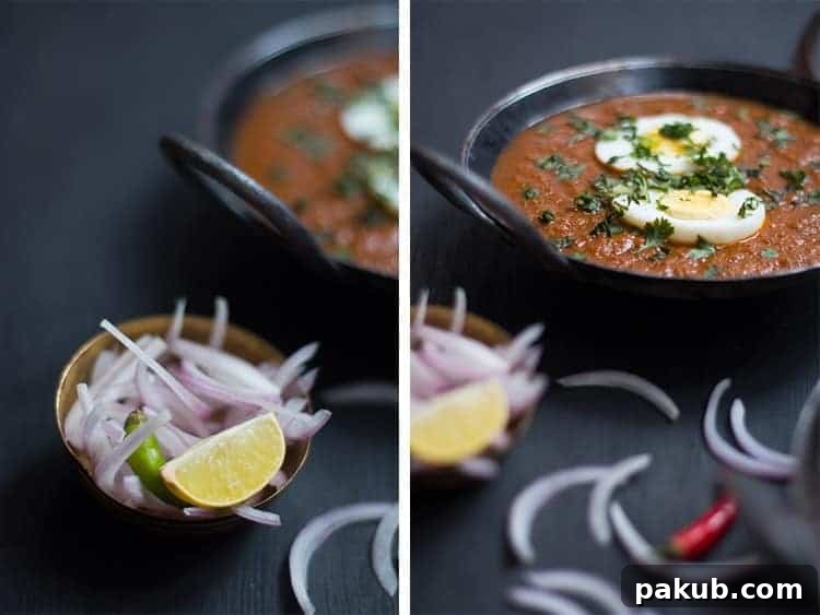 A vibrant collage featuring freshly chopped onions, an essential ingredient, and a bowl of the finished Indian Egg Curry