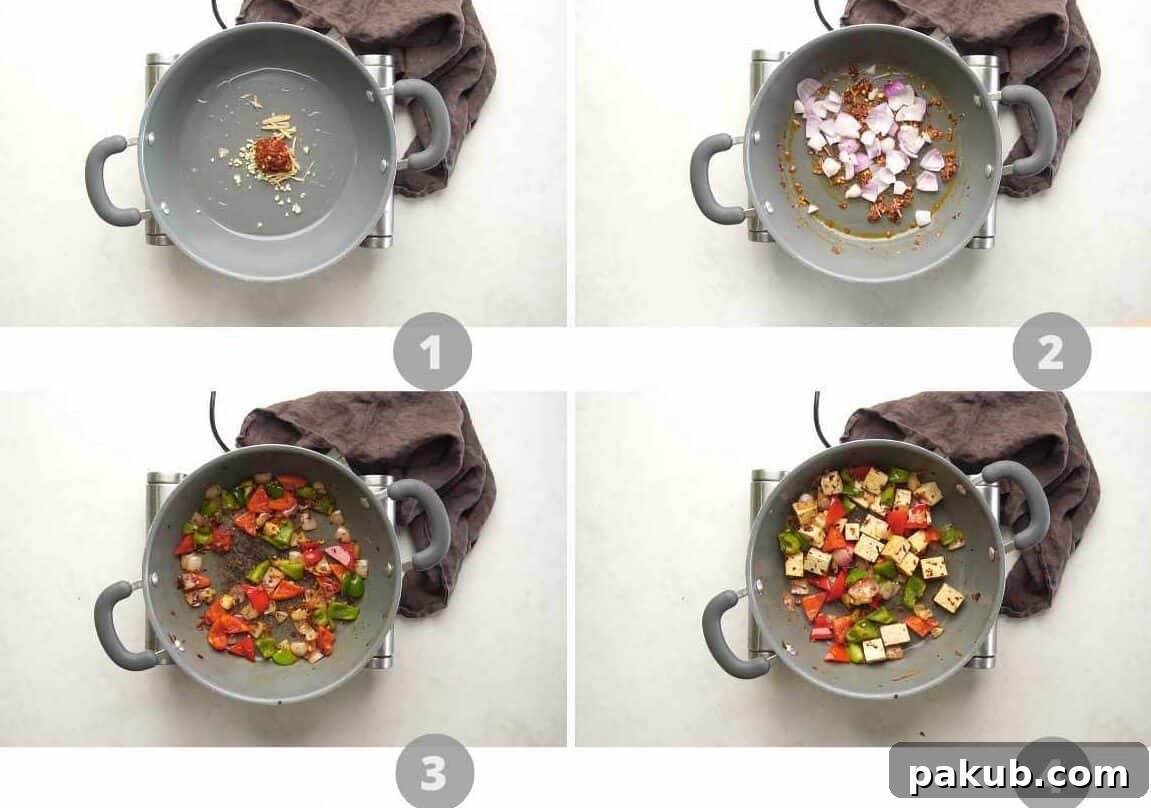Zesty Sweet Tofu Sizzle 4 Step-by-step collage demonstrating the process of cooking sweet chili tofu stir fry