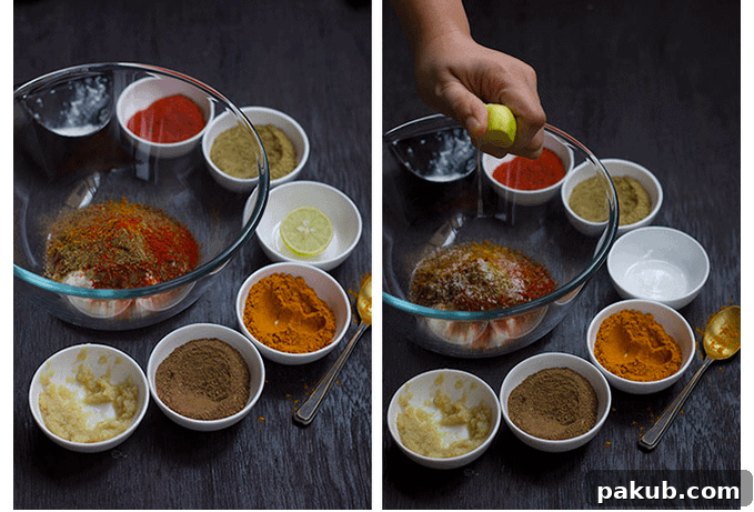 Prawn Marination Process An image collage demonstrating the step-by-step process of marinating prawns, ensuring they are evenly coated with the vibrant tandoori spice blend.