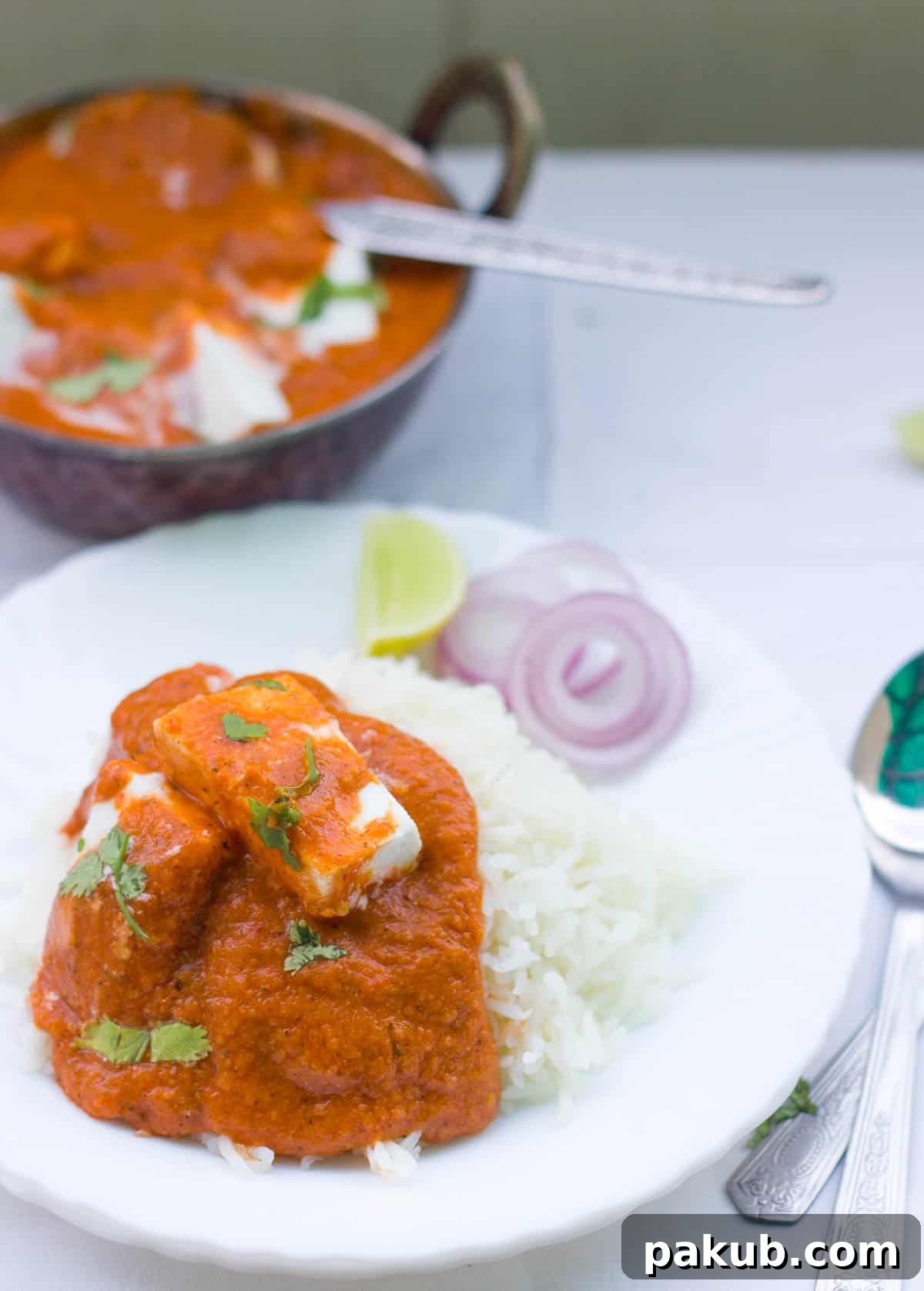 Healthy Paneer Makhani garnished with fresh coriander, served elegantly with fluffy rice and a side of finely chopped onions in a pristine white plate.
