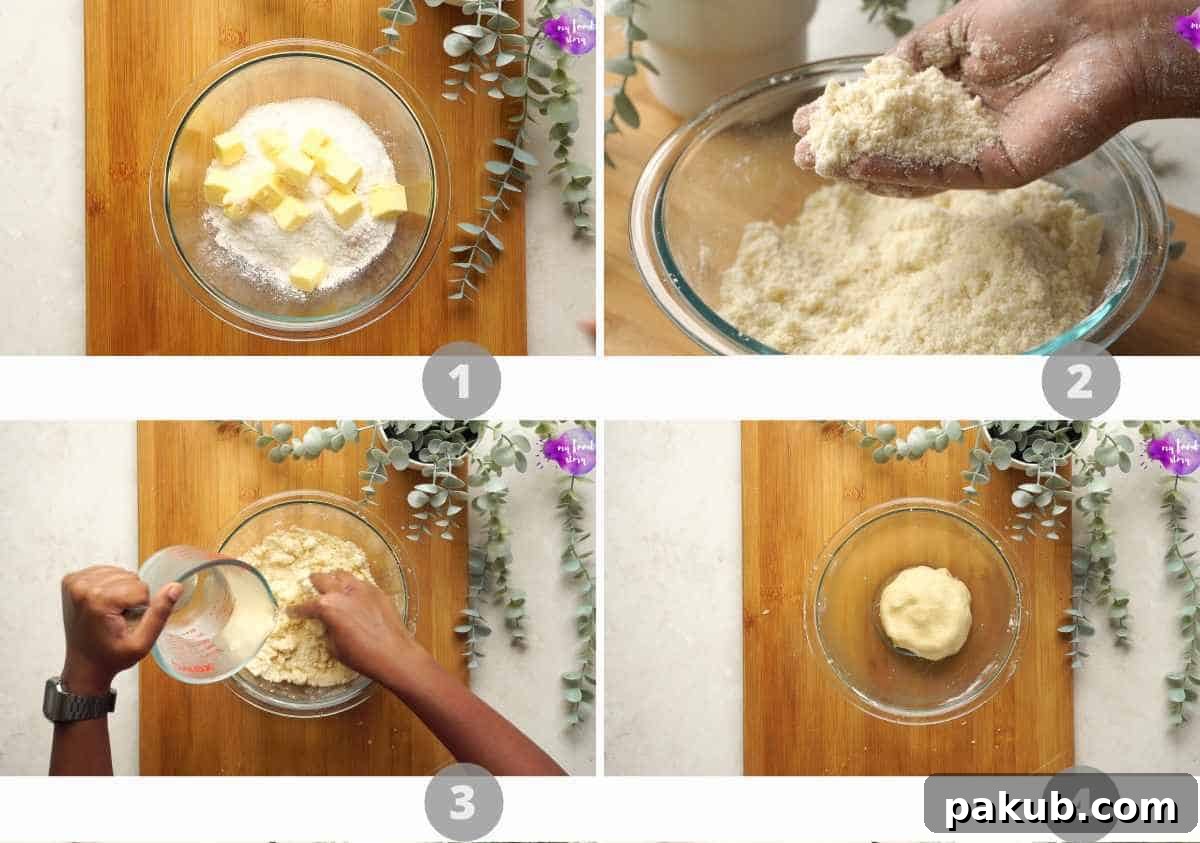 Spiced Apple Crisps 3 A step-by-step collage of images demonstrating the process of making apple pie dough, from combining ingredients to forming the dough ball.