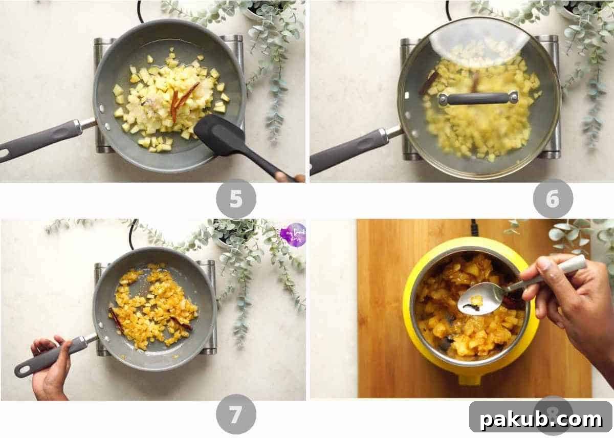 Spiced Apple Crisps 4 A step-by-step image collage showing the process of cooking apples for the filling, then blending it into a smooth consistency.