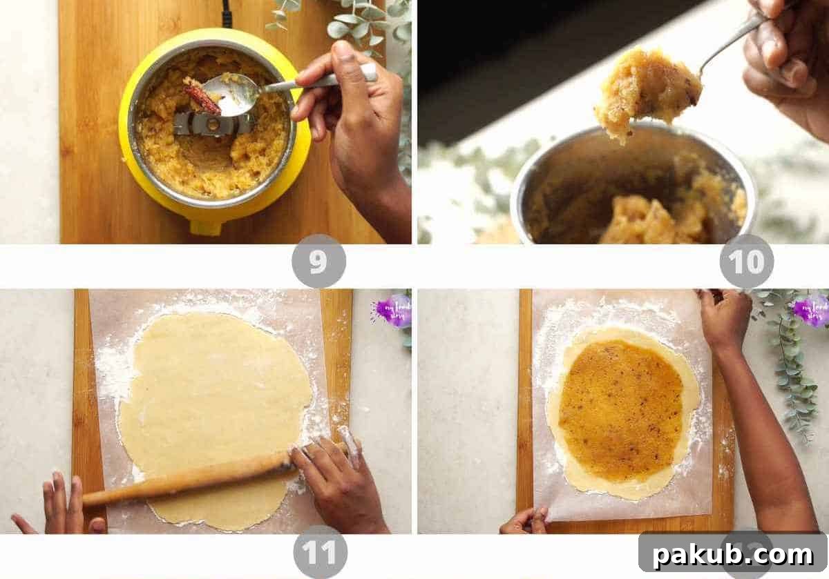 Spiced Apple Crisps 5 A step-by-step image collage illustrating the final steps of preparing the apple filling: blending it smooth and removing any remaining cinnamon chunks.