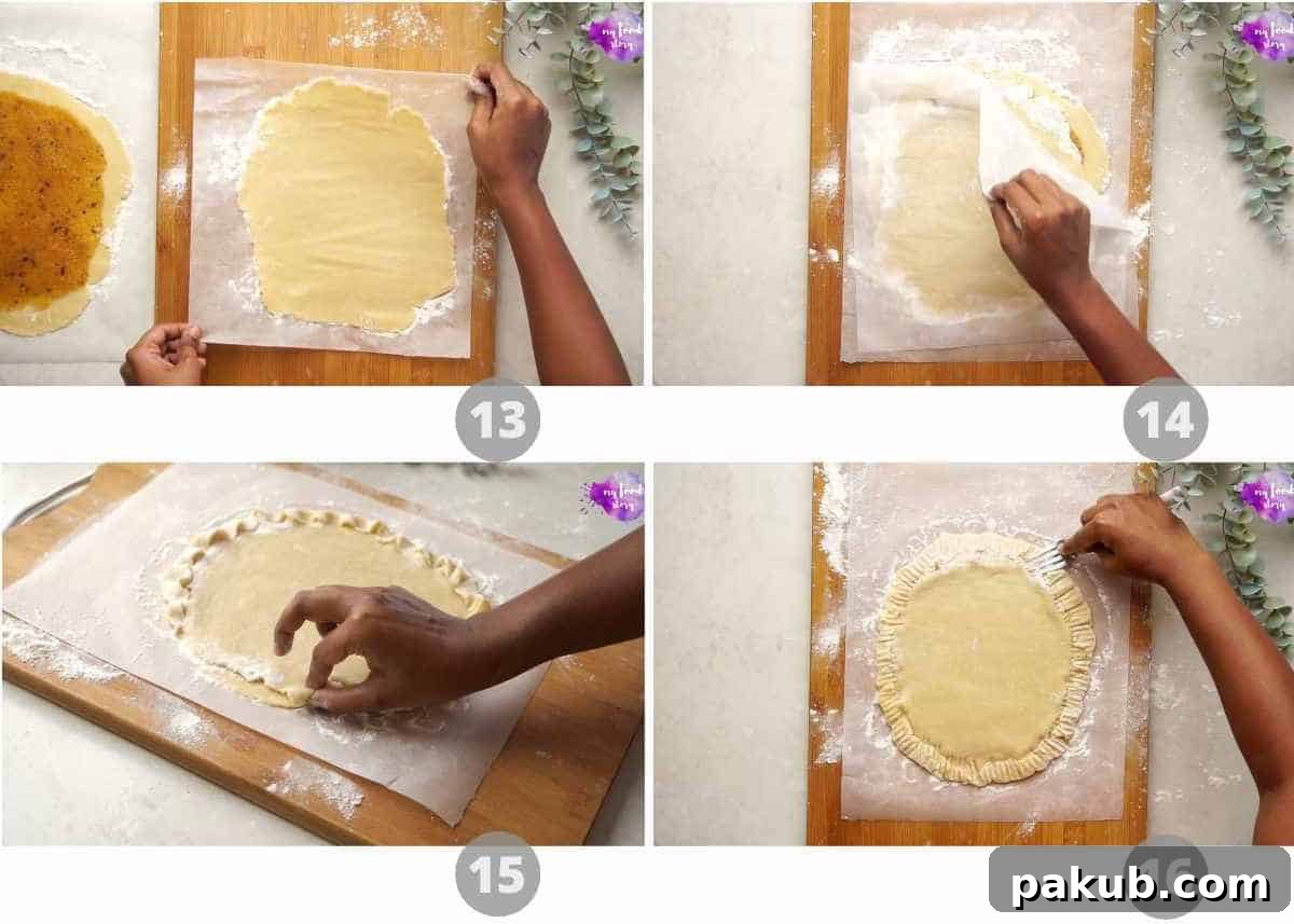 Spiced Apple Crisps 6 A step-by-step image collage showing how to layer the apple filling onto the first dough, then top it with the second rolled dough, sealing the edges.