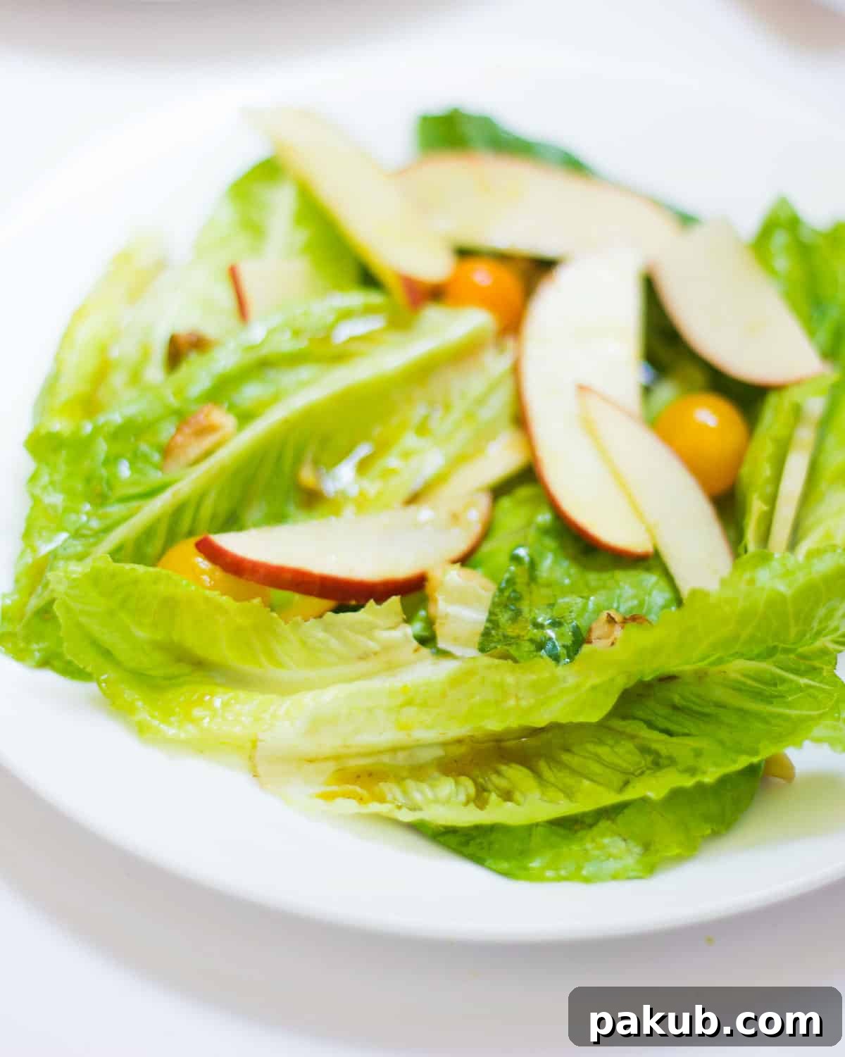 Refreshing Summer Apple Walnut Delight 4 A close-up shot of a vibrant Apple Walnut Summer Salad, showcasing precisely sliced apples, whole walnuts, and lush green lettuce leaves, glistening with the homemade dressing.