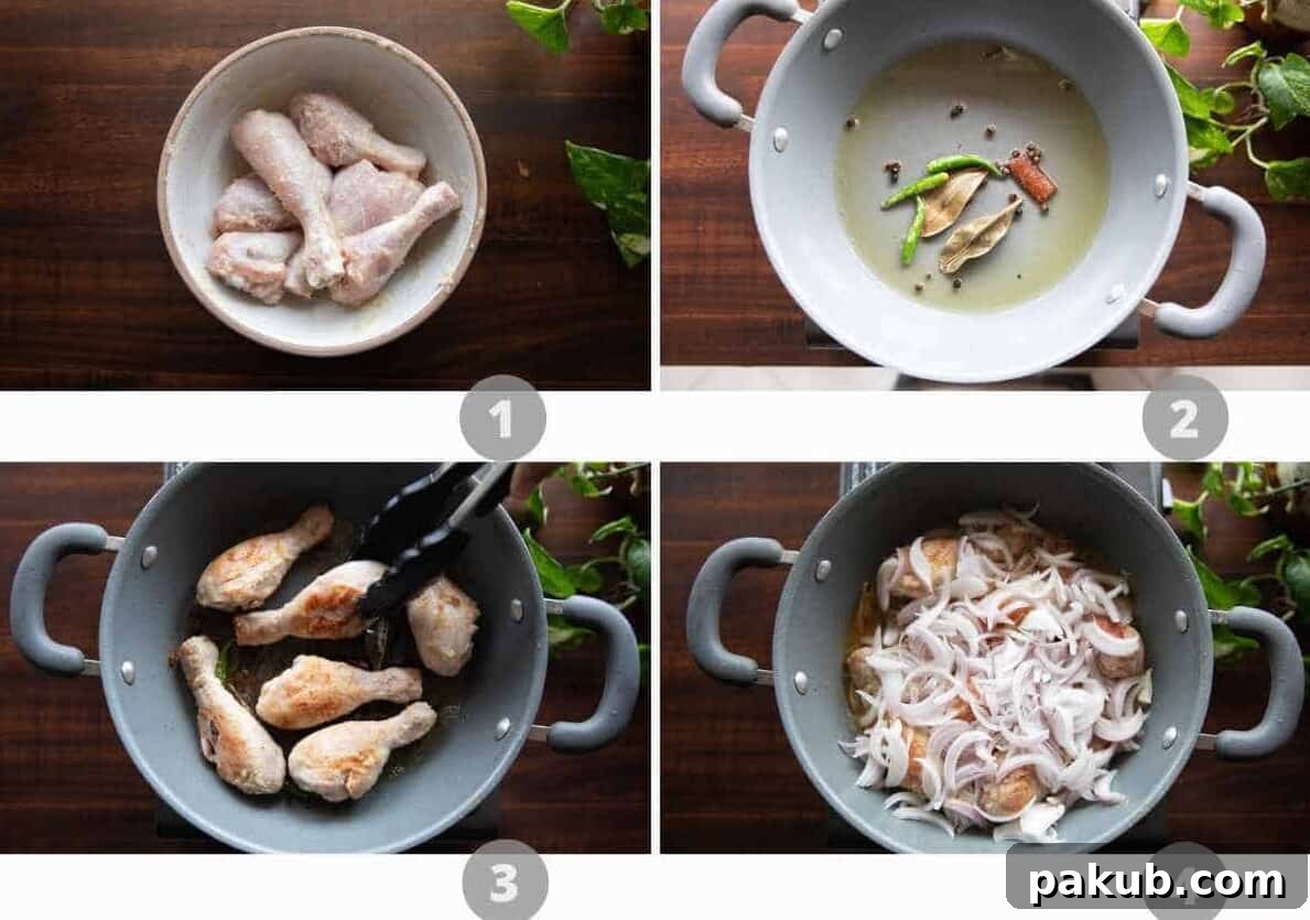 Sweet Onion Roasted Chicken 3 Visual step-by-step collage showing chicken marination, browning, and onions layering in a pan for Quick Onion Chicken.