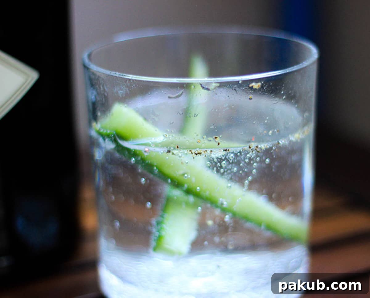 A close-up view of a refreshing Sparkling Cucumber Chili Gin cocktail.