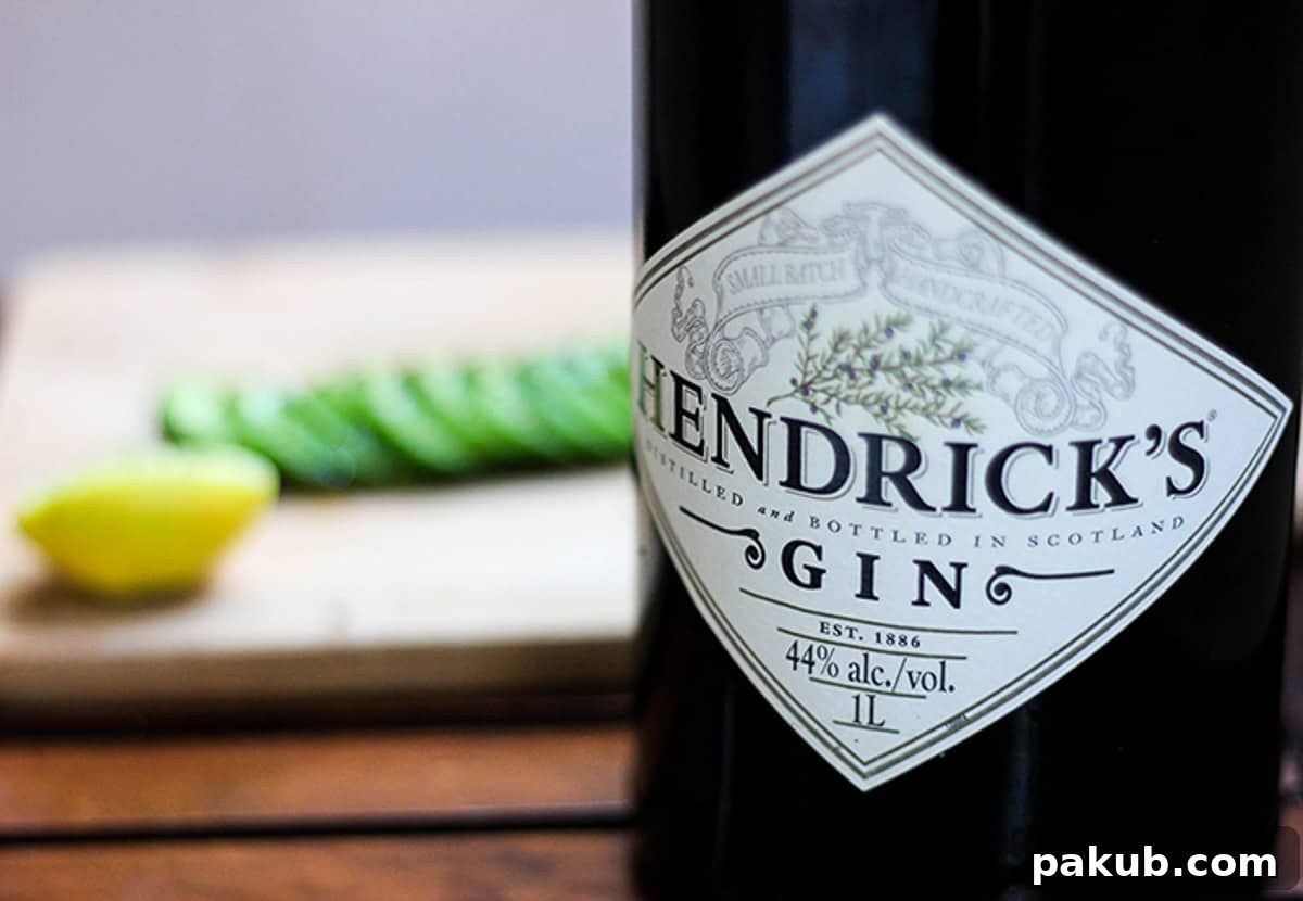 A bottle of Hendrick's Gin, a recommended choice for the Sparkling Cucumber Chili Gin cocktail.