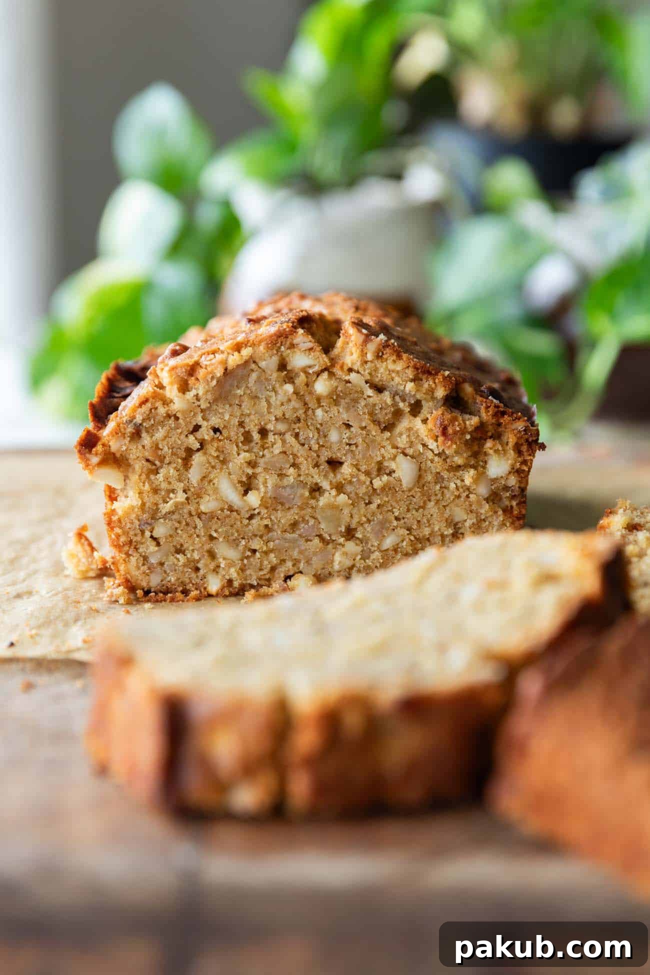 Caramelized Butter Banana Bread 2 A top-down view of perfectly sliced Brown Butter Banana Bread, showcasing its moist texture and golden-brown crust.