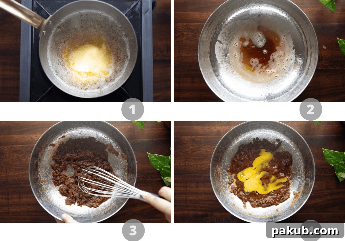 Caramelized Butter Banana Bread 4 A step-by-step photographic collage illustrating the process of preparing Brown Butter Banana Bread, from mixing ingredients to the final batter.