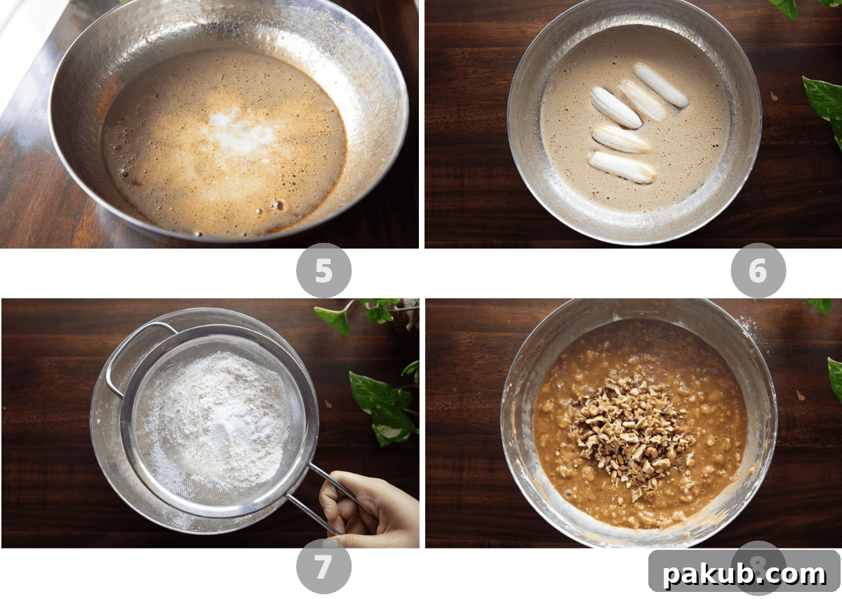 Caramelized Butter Banana Bread 5 Another step-by-step photographic collage showing further stages of Brown Butter Banana Bread preparation, including mashing bananas and combining with dry ingredients.