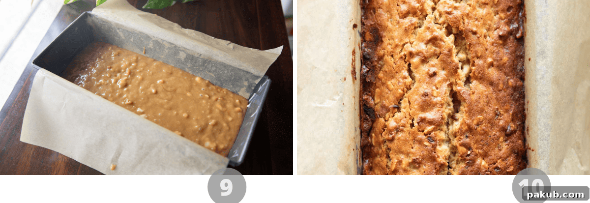 Caramelized Butter Banana Bread 6 Image showing the banana bread batter poured into a loaf tin, ready for baking, with a sprinkle of sugar on top for a crunchy crust.