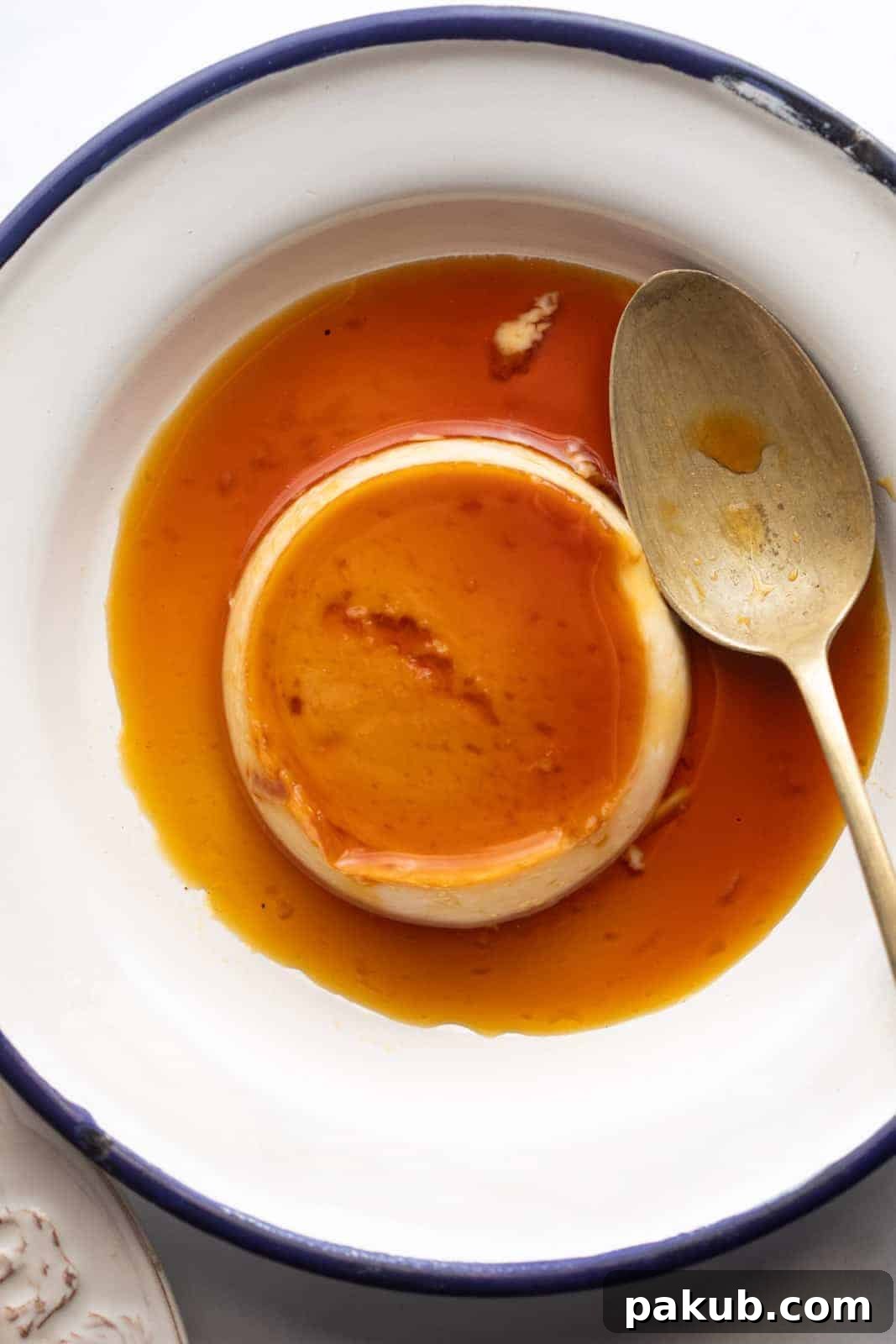 Closeup of coconut caramel custard served on a white plate with a blue edging and a spoon, showcasing its perfect texture and golden caramel.