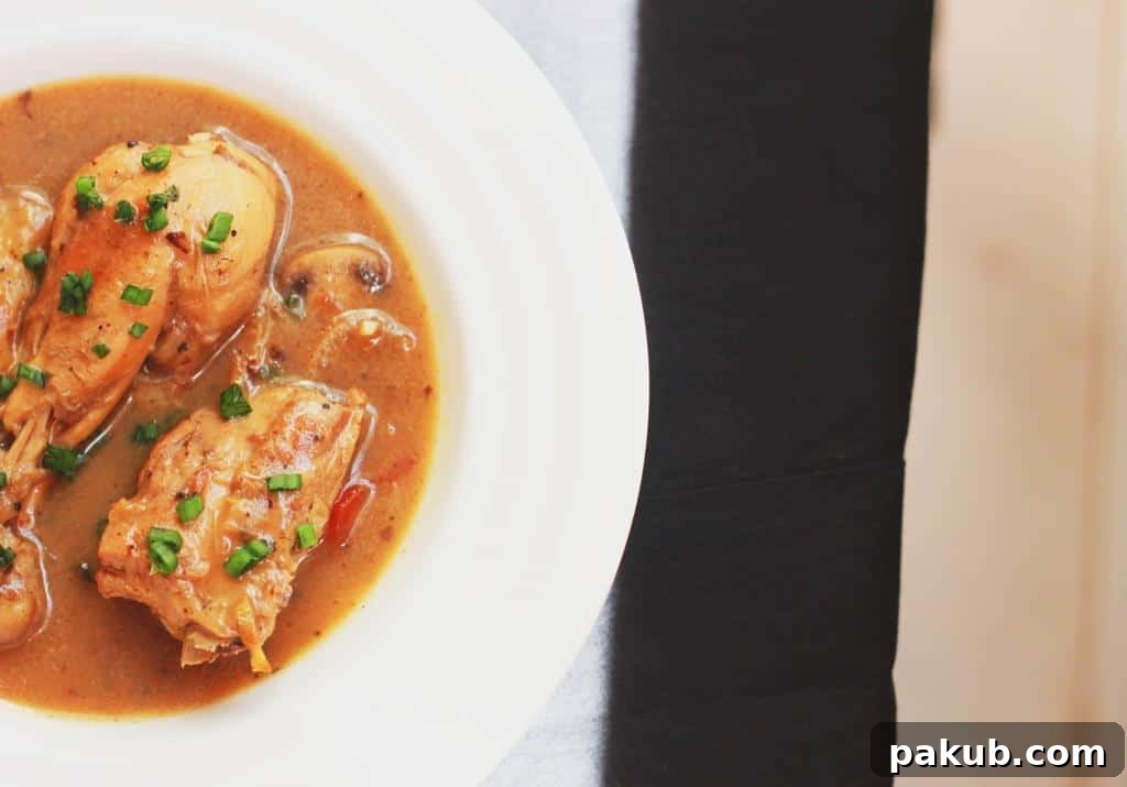Hearty chicken stew served in a pristine white bowl, garnished with fresh herbs.