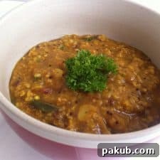 A close up picture of Oats Upma garnished with parsley and served in a white and red bowl.