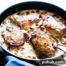 Creamy Bacon Rosemary Mushroom Chicken Thighs in one pan.