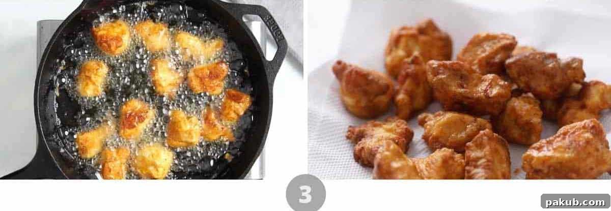 Step by step picture collage showing how to deep fry chicken