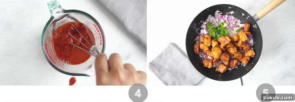 Step by step picture collage showing how to make sauce and stir fry