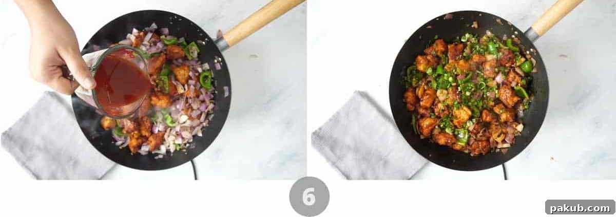 Step by step picture collage showing how to add sauce and finish cooking the chilli chicken