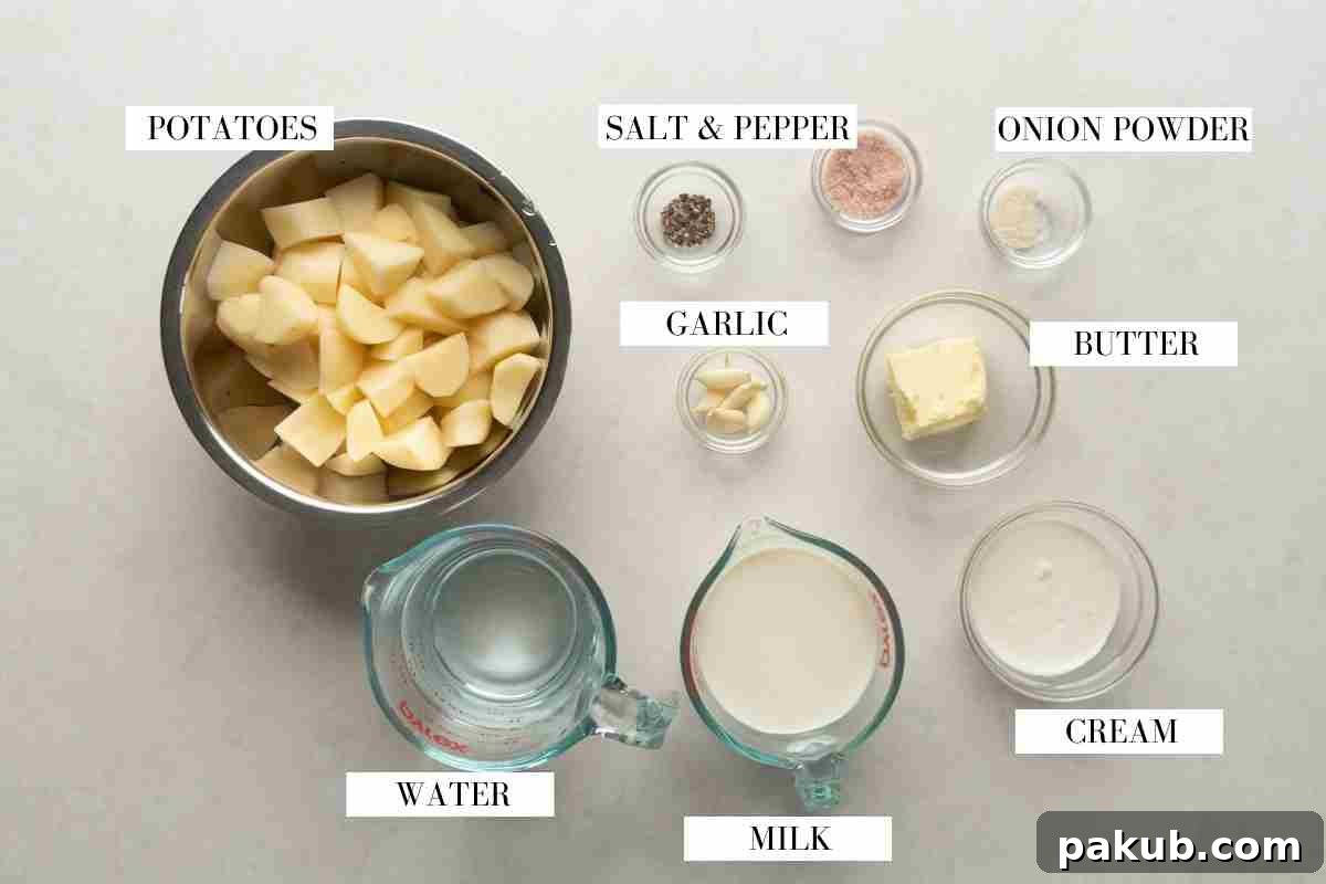 Ingredients for slow cooker mashed potatoes pictured together with text to identify each ingredient