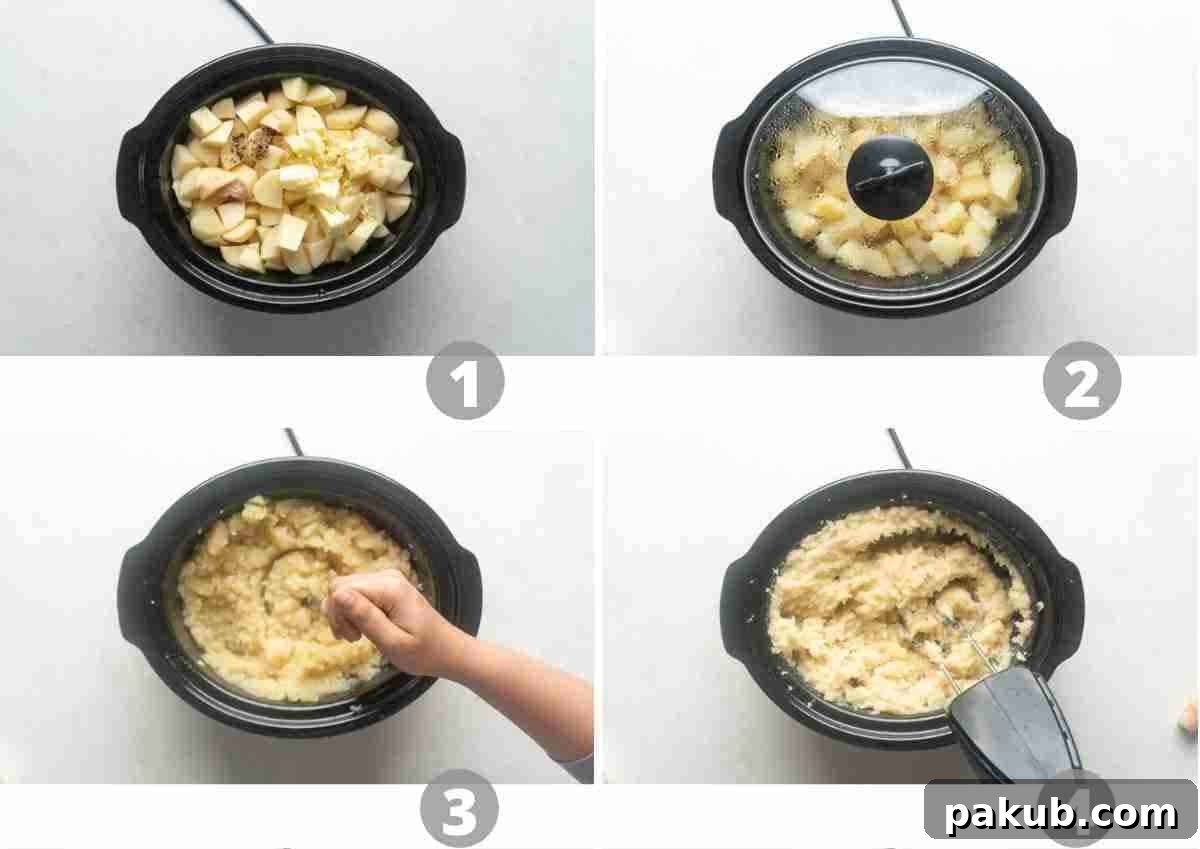 Step by step picture collage showing how to cook and mash potatoes in the slow cooker
