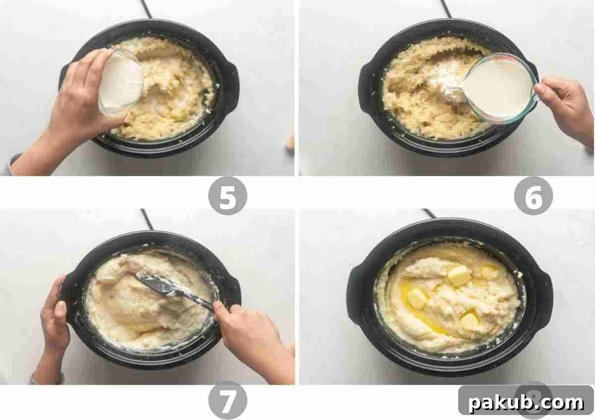Step by step picture collage showing how to season mashed potatoes cooked in the slow cooker