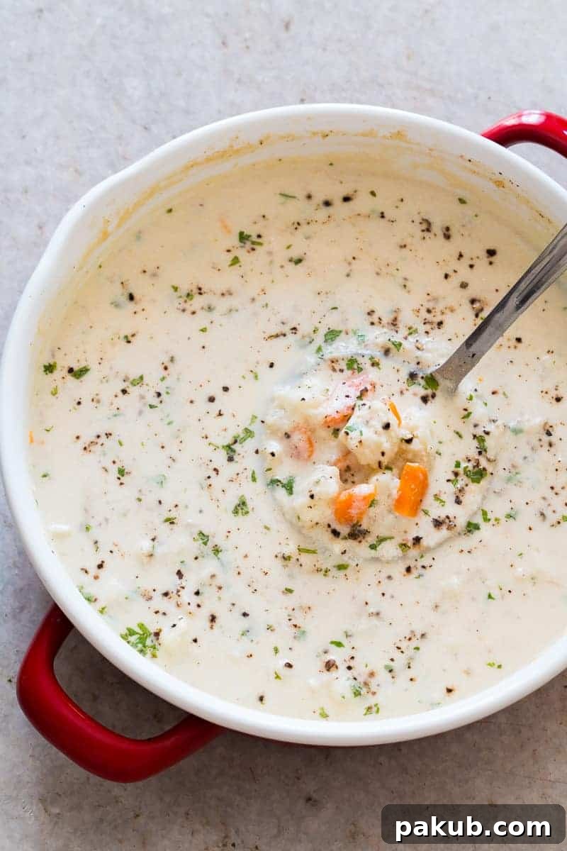 Effortless Creamy Cauliflower Chowder 2 Creamy Cauliflower Chowder is a healthy, easy, comfort food recipe and ready in under 30 minutes. It's gluten free, low carb and keto friendly.
