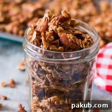Apple Pie granola fresh out of the oven and stored in a jar!