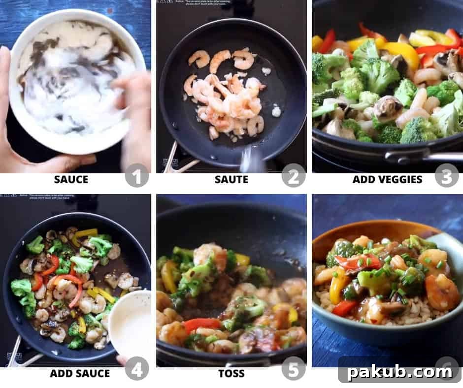 Fast Teriyaki Shrimp and Broccoli Stir-Fry 4 Step-by-step pictures illustrating the cooking process of teriyaki shrimp broccoli stir fry, from sautéing shrimp to adding sauce.