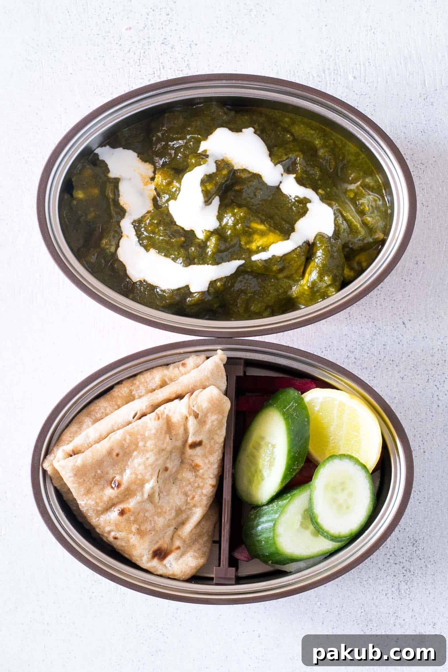 Elevate Your Adult Lunches with Vaya Tyffyns 5 Traditional Palak Paneer with Chapatis and a fresh side salad, ideal for a wholesome adult lunch.
