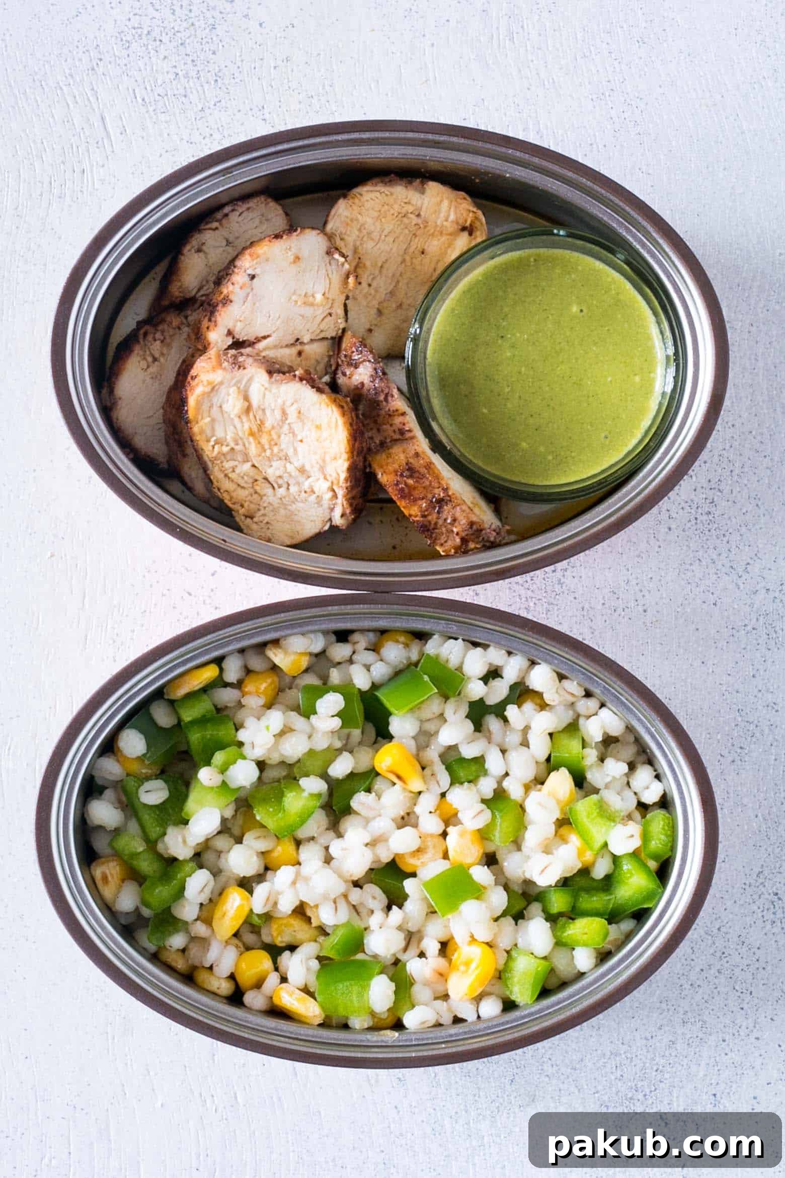 Elevate Your Adult Lunches with Vaya Tyffyns 6 Refreshing Barley Chicken Salad with Herb Vinaigrette, a light yet filling lunch option for adults.
